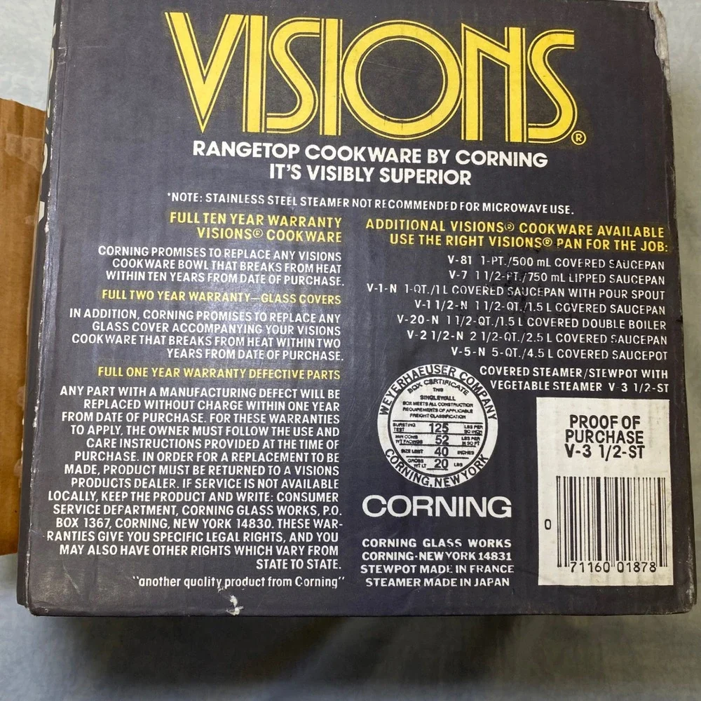 Corning Visions V-3½-ST 3.5 Qt Steamer Stewpot NOS Open Box Made France Mid 80s